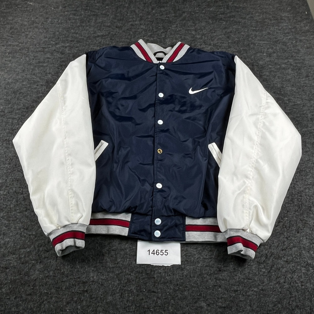 Vintage 90s Nike Varsity Jacket Mens Large Blue White Cotton Swoosh Logo Snap